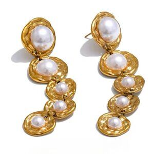 NEW Statement Dangle Stud Earrings 18K Hold Plated Pearls Big Bold Chunky